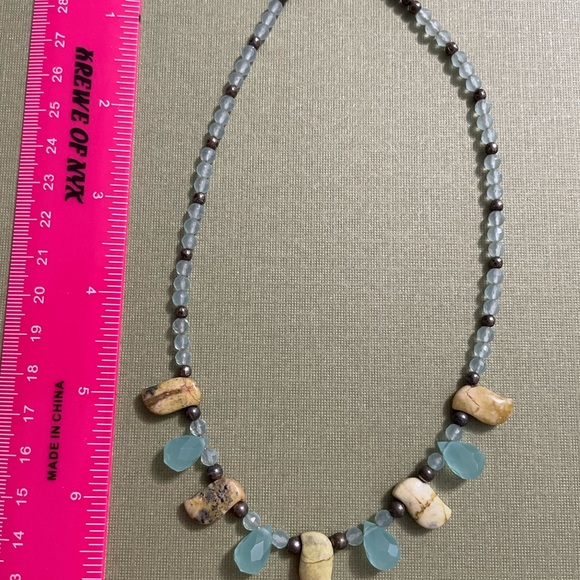 Jewelry - Elegant Beaded Necklace with Blue and Tan Accents